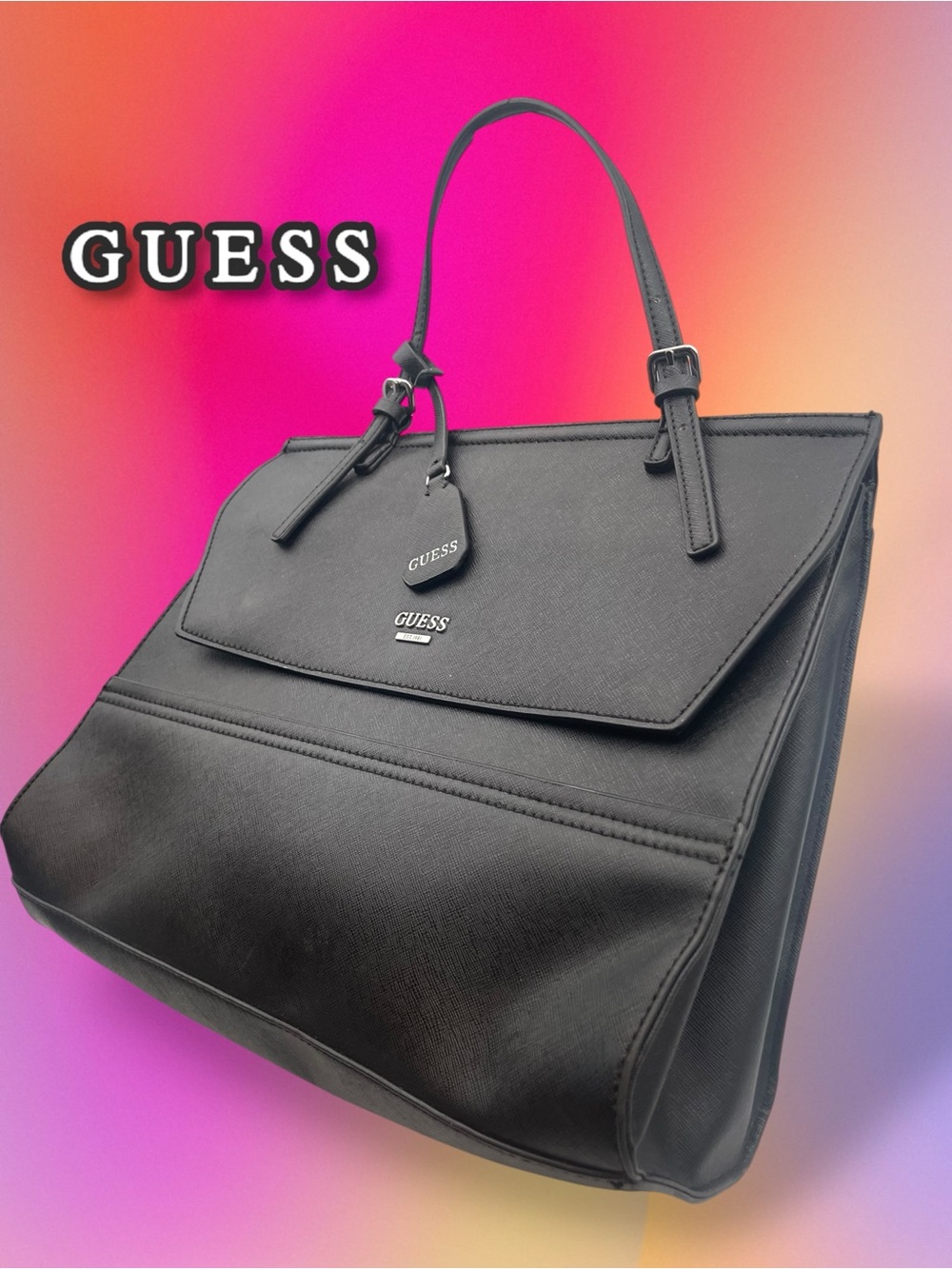 GUESS Front Flap Top Handle Satchel Black with Logo